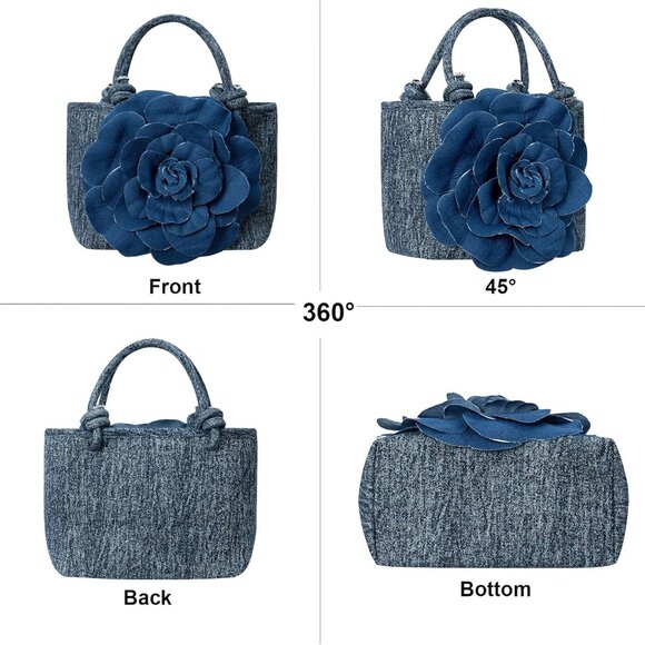 Women's Floral Denim Slim Crossbody Purse with Handmade Flower, Adjustable Strap - Picture 3 of 6